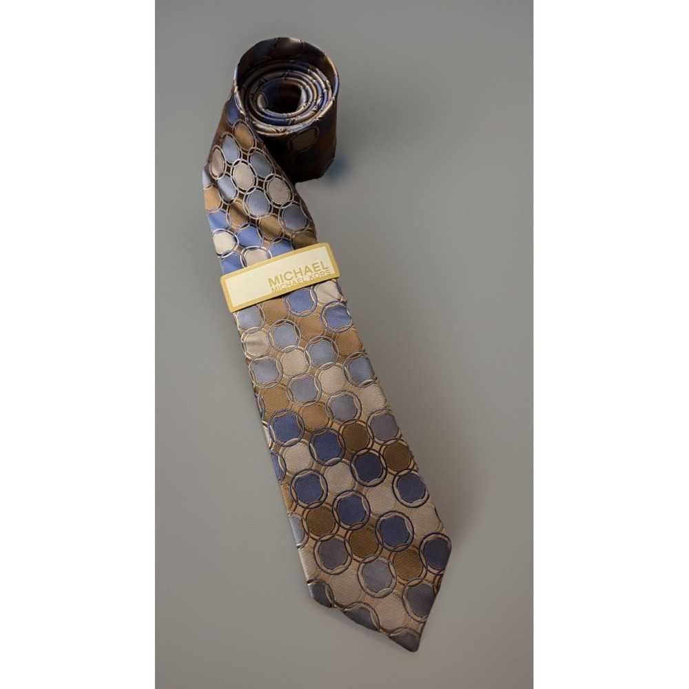 Michael Kors Neckwear Tie Blue Gold Geometric Pattern 100% Silk NWT New JBHS